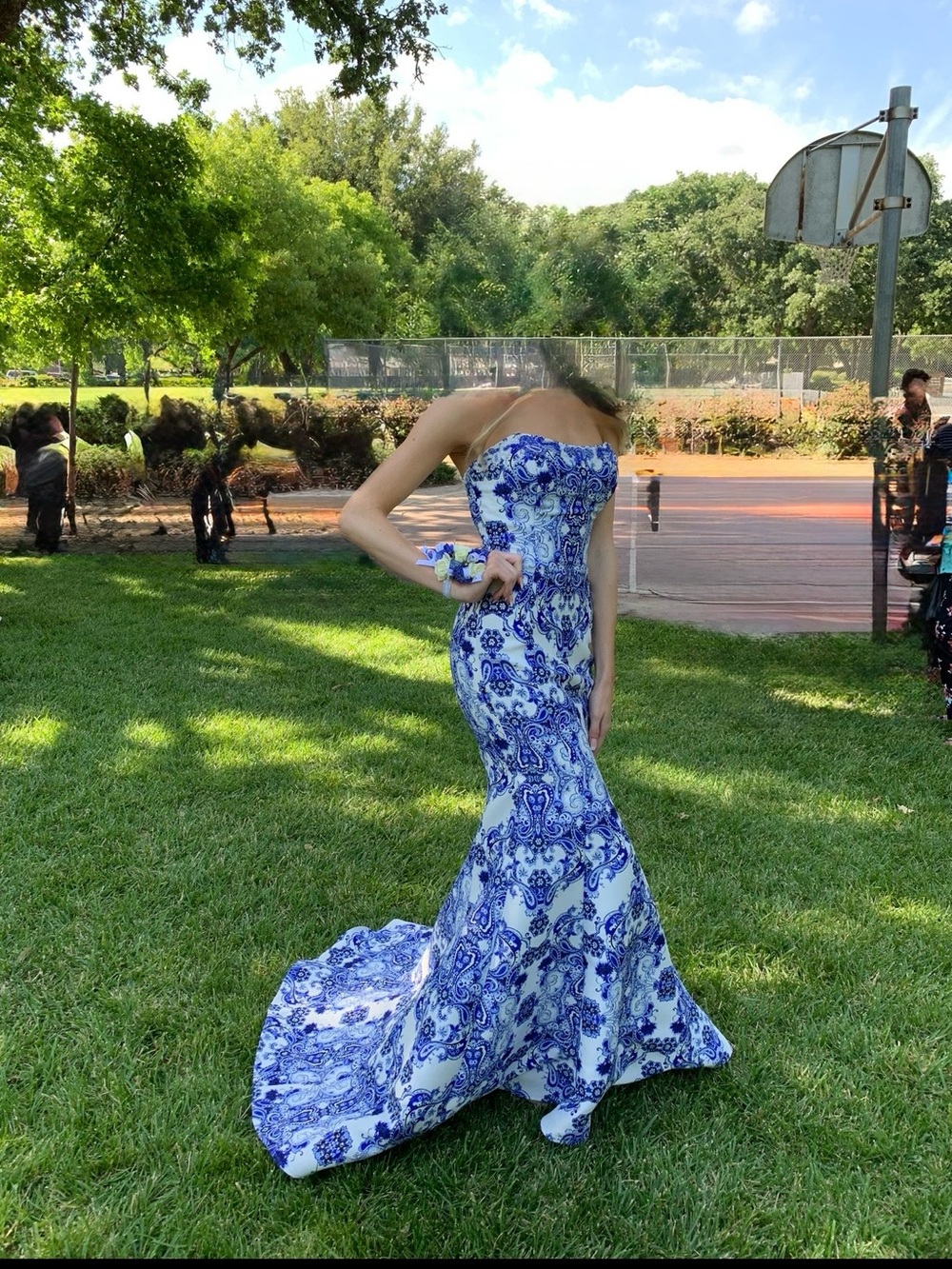 Strapless Blue & White Floral Prom Gown